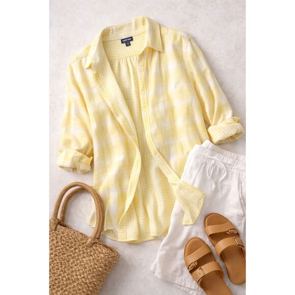 Lands' End Tops - Lands End Cotton Gauze Shirt Yellow Plaid Gingham Lightweight Coastal 22W